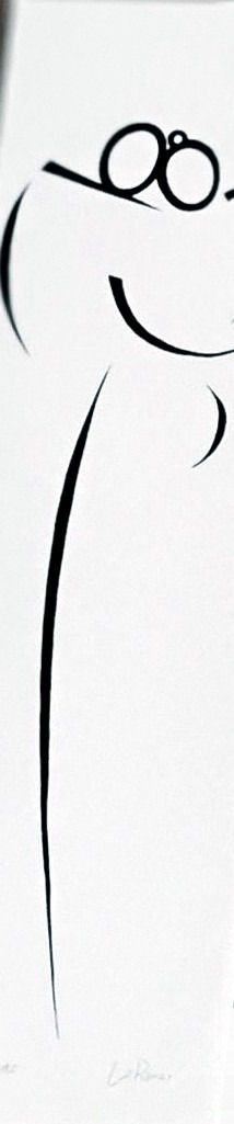 Tall narrow canvas with a single figure drawn in flowing black line