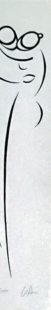 Slender figure drawn in black line on a soft grey blue canvas