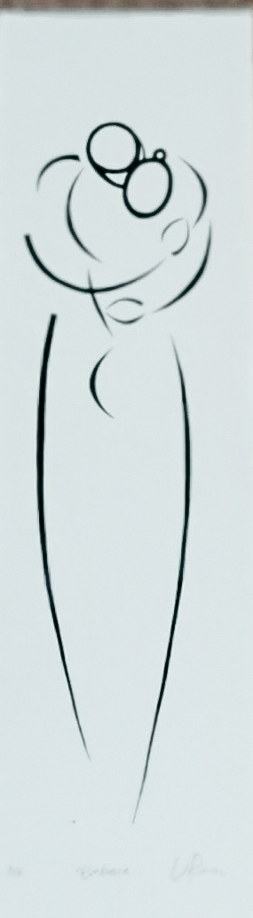Two abstract figures joined in a circular embrace