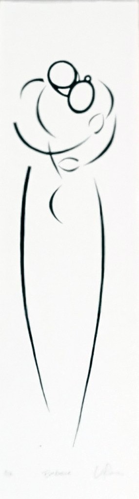 Figure in profile drawn with looping black brush line on white canvas